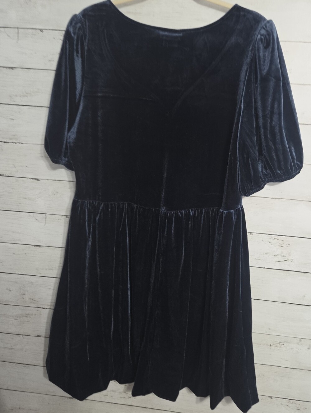 Deep Navy Blue Velvet Plus Mini Dress Puff Elastic Cuff Sleeves Bubble Hem Sz 16 - Picture 4 of 8